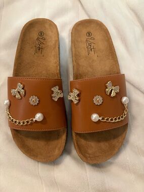 Cute Slides! Brown Embellished Slide Sandals with Pearl Chain